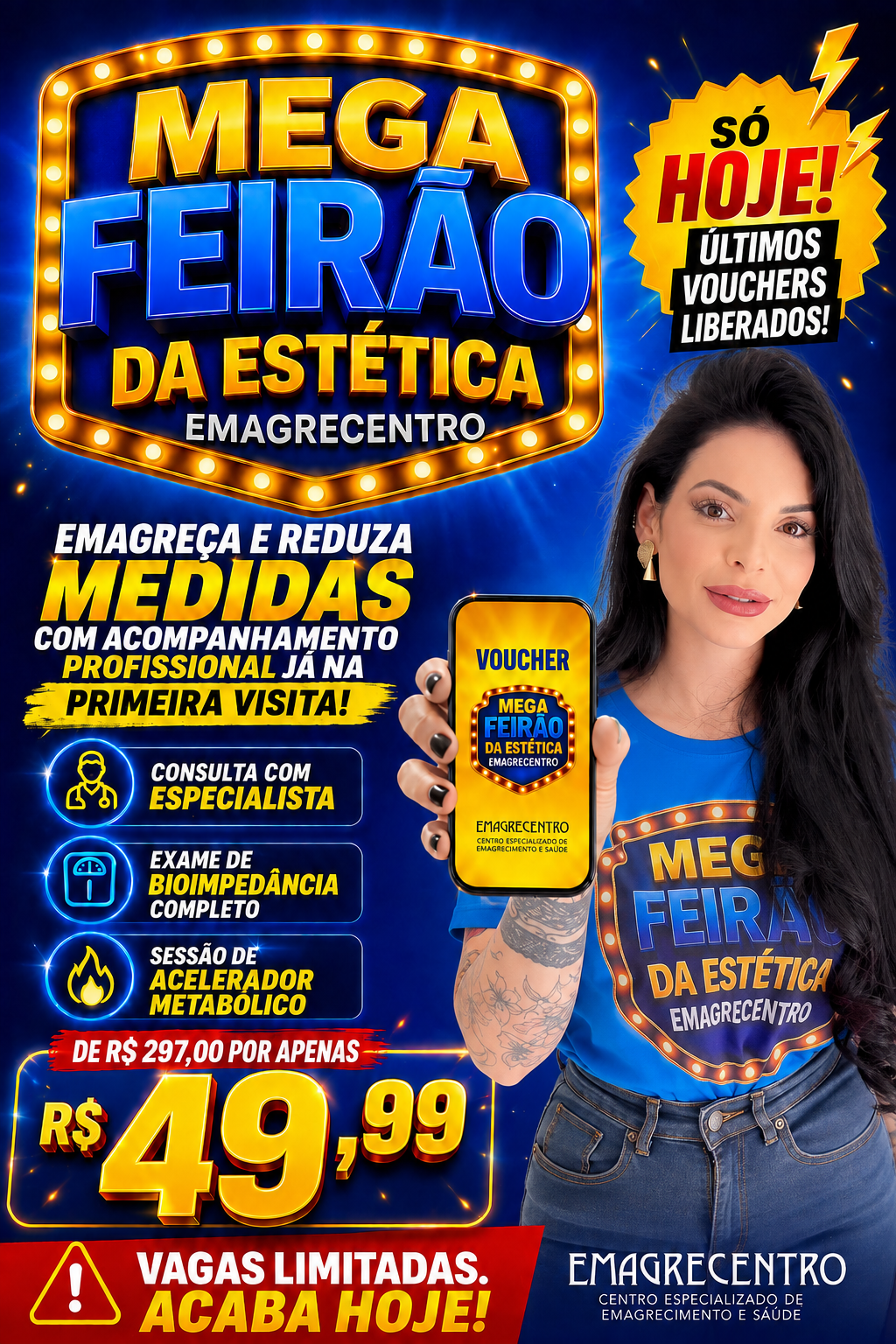 Arte Mega Feirão da Estética Emagrecentro Valinhos — protocolo completo por R$ 49,99